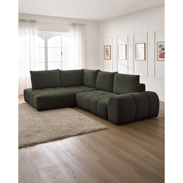 Žalios spalvos iš šenilinio audinio sulankstoma/su sandėliavimo vieta kampinė sofa (su kairiuoju kampu/„L“ formos) Everest – Bobochic Paris-image-1