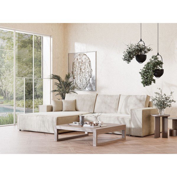 Kreminės spalvos sulankstoma/su sandėliavimo vieta kampinė sofa iš šenilinio audinio (su kairiuoju kampu/su gultu) Maze – Maison de Rêve-image-1