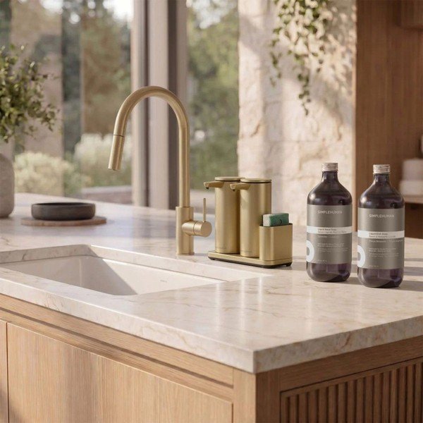 Automatinis matinės auksinės spalvos iš metalo stovas skalbimo reikmenims – simplehuman-image-2