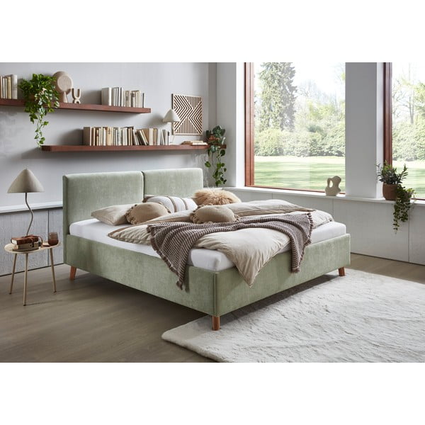 Šviesiai žalios spalvos dvigulė lova audiniu dengta su lovos grotelėmis 180x200 cm Piano – Meise Möbel-image-1