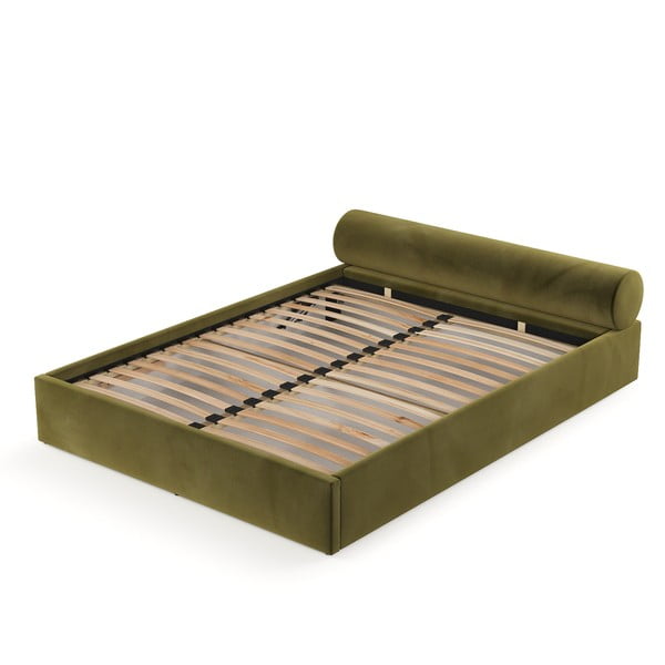 Tamsiai žalios spalvos dvigulė lova audiniu dengta su sandėliavimo vieta su lovos grotelėmis 160x200 cm Solvo – Maison de Rêve-image-2