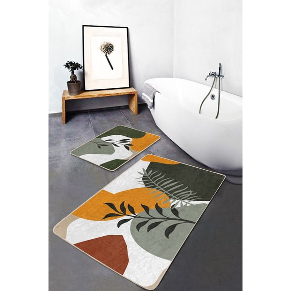 Iš velveto vonios kilimėliai žalios spalvos 2 vnt. 60x100 cm Illustrated Autumn – Mila Home-image-1