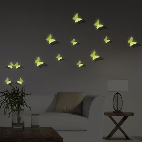 12 tamsoje šviečiančių 3D lipdukų rinkinys Ambiance Butterflies
