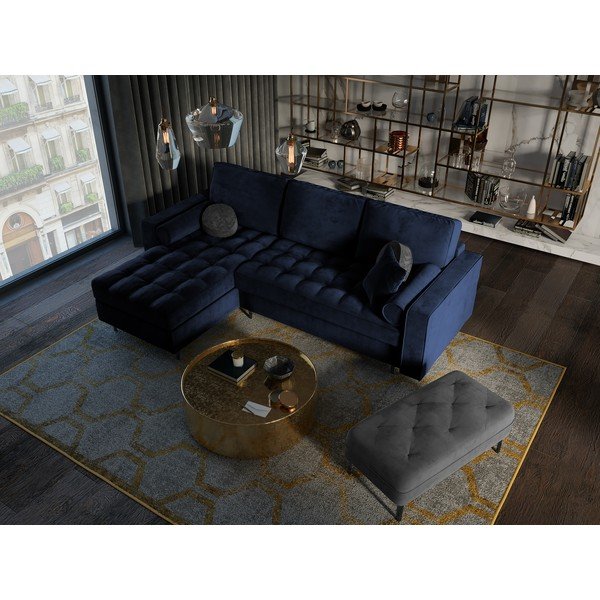 Mėlyna aksominė kampinė sofa-lova Milo Casa Santo, kampas kairėje-image-1