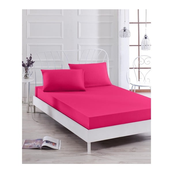 Rožinės spalvos elastingos paklodės ir užvalkalo viengulėlei lovai rinkinys Basso Rose, 100 x 200 cm