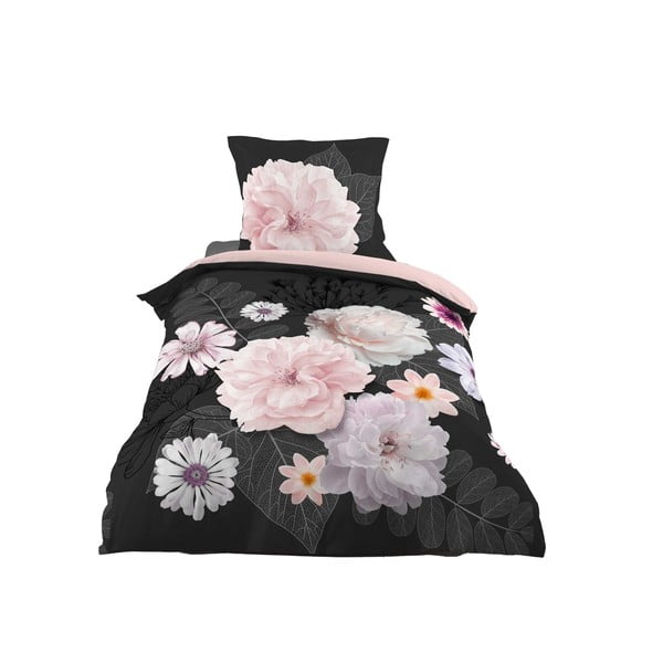 Iš medvilnės viengulė patalynė juodos spalvos/rožinės spalvos 140x200 cm Floral – douceur d'intérieur