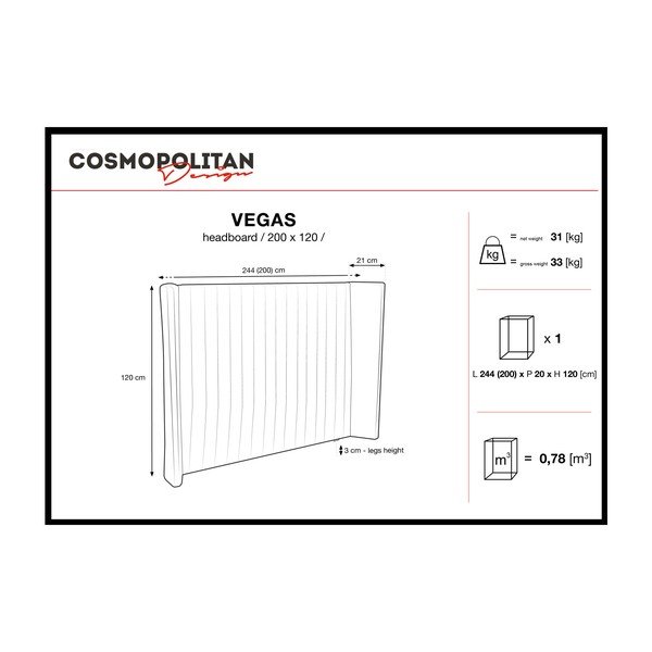 Pilka galvūgalio lova "Cosmopolitan Design Vegas", 200 x 120 cm-image-2