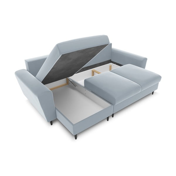 Šviesiai mėlynos spalvos iš velveto sulankstoma/su sandėliavimo vieta kampinė sofa Kyoto – Cosmopolitan Design-image-2