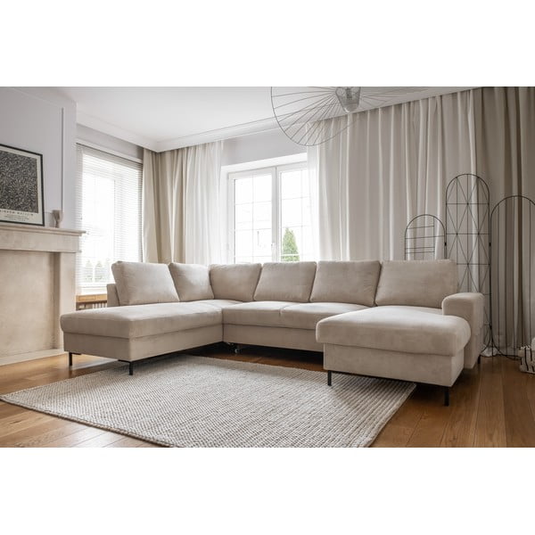 Iš kordinio velveto sulankstoma kampinė sofa smėlio spalvos (su kairiuoju kampu) Lofty Lilly – Miuform-image-3