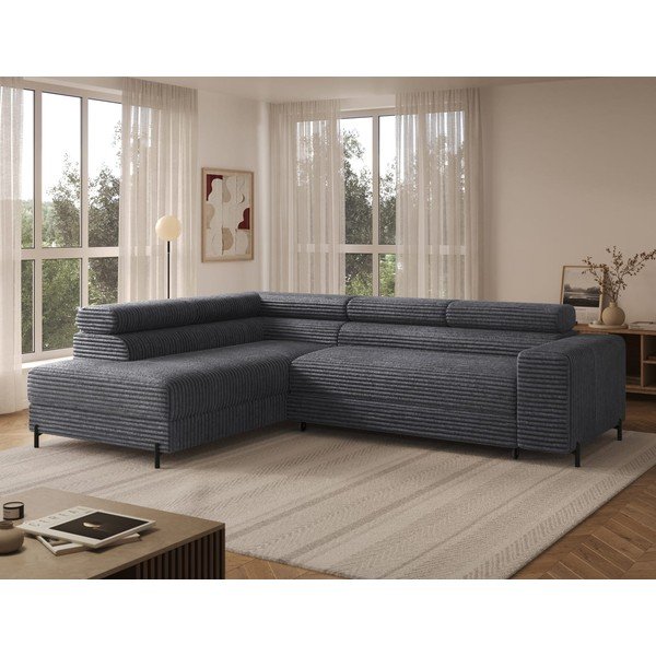Tamsiai pilkos spalvos kampinė sofa iš kordinio velveto (su kairiuoju kampu/„L“ formos) Colesio – ELTAP-image-1
