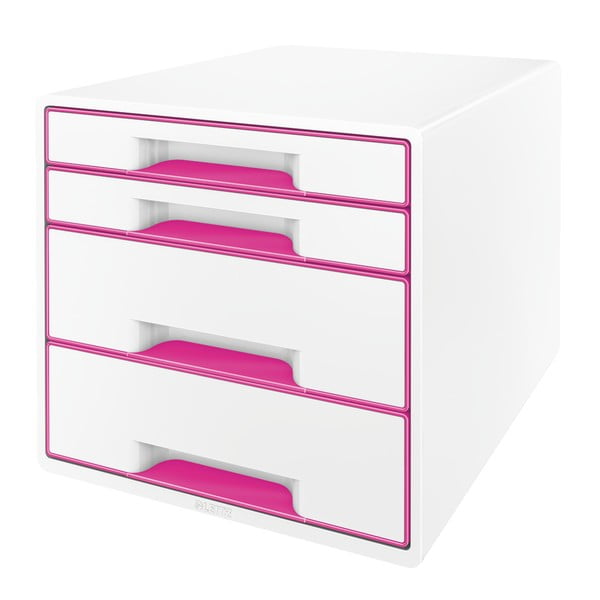 Baltos ir rožinės spalvos dėžė su stalčiais Leitz WOW CUBE, 4 stalčiai