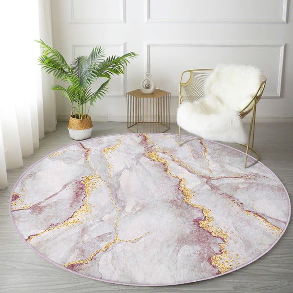Skalbiamas šviesiai rožinės spalvos/auksinės spalvos apvalios formos kilimas ø 120 cm Marble – Mila Home-image-1