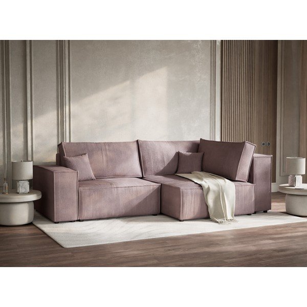 Violetinės spalvos sulankstoma/su sandėliavimo vieta kampinė sofa iš kordinio velveto (su dešiniuoju kampu/„L“ formos) Tonga – Maison de Rêve-image-4