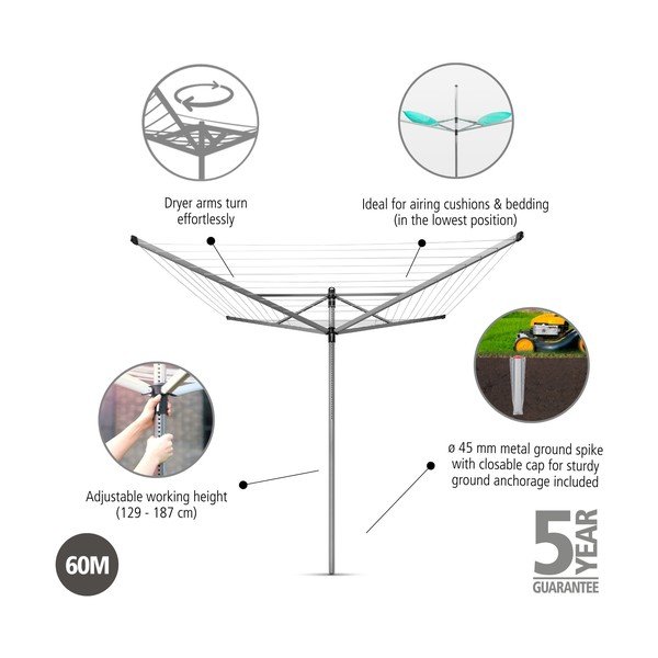 Sidabrinės spalvos sodo skalbinių džiovykla 60 m Lift-O-Matic – Brabantia-image-3