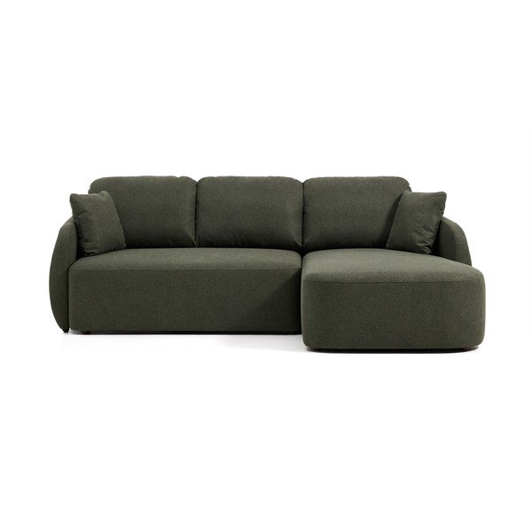 Tamsiai žalios spalvos sulankstoma kampinė sofa iš šenilinio audinio (su dešiniuoju kampu/su gultu) Laira – Kave Home