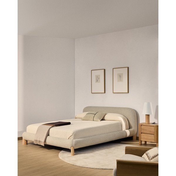 Smėlio spalvos dvigulė lova audiniu dengta be grotelių 180x200 cm Odina – Kave Home-image-1