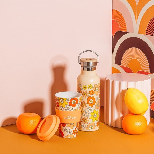 Oranžinis nerūdijančio plieno buteliukas kūdikiams 500 ml 70s Floral - Sass & Belle-image-1