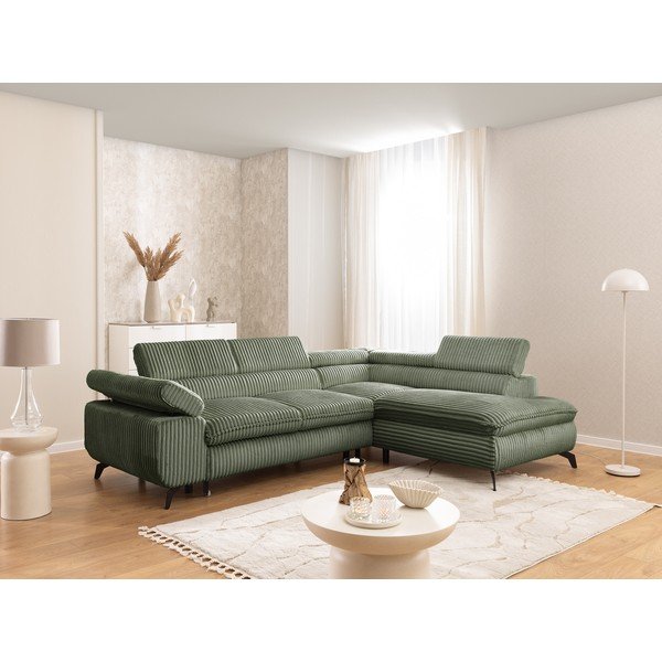 Žalios spalvos kampinė sofa iš kordinio velveto (su dešiniuoju kampu/„L“ formos) Marbeya  – Ropez-image-1