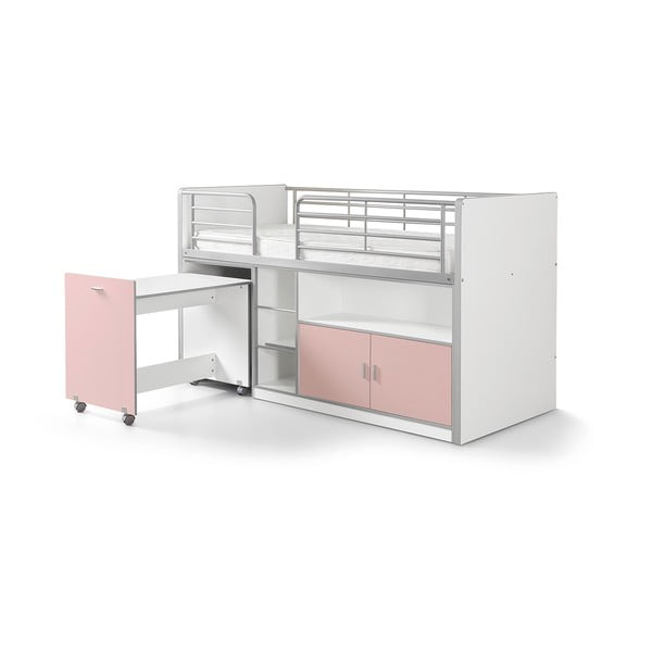 Balta ir rožinė dviaukštė lova su ištraukiamu staliuku ir daiktadėže "Vipack Bonny", 200 x 90 cm