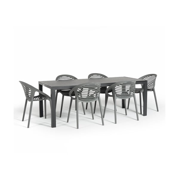 Sodo valgomojo komplektas 6 asmenims su pilkomis kėdėmis Joanna ir stalu Viking, 90 x 205 cm