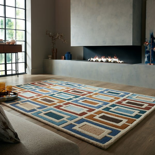 Rankų darbo iš vilnos kilimas mėlynos spalvos/oranžinės spalvos 160x230 cm Retro Blocks – Flair Rugs-image-1