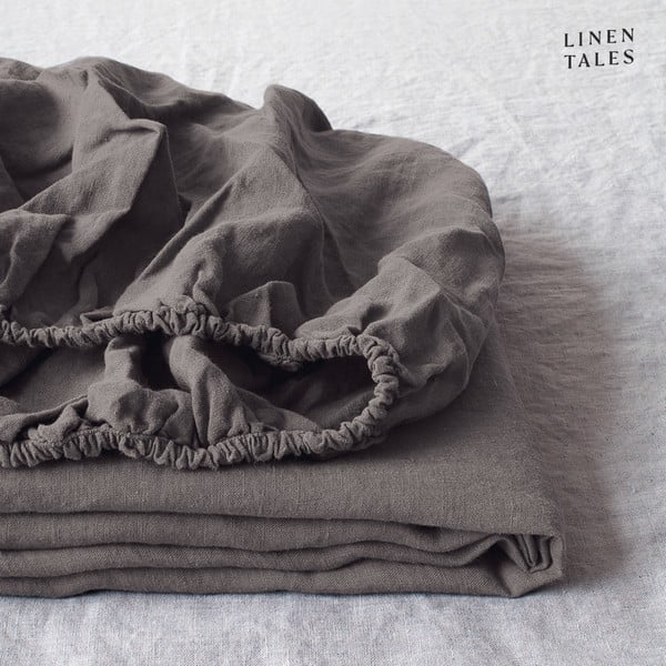 Tamsiai pilkas lininis elastinė paklodės Linen Tales, 90 x 200 cm