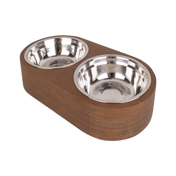 2 metalinių dubenėlių rinkinys naminiams gyvūnėliams tamsiame mediniame stove PT LIVING Pet, plotis 18 cm-image-2