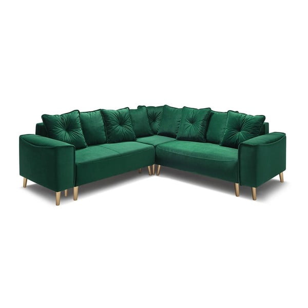 Žalio aksomo kampinė sofa-lova su auksinėmis kojomis "Bobochic Paris Panoramique Hera