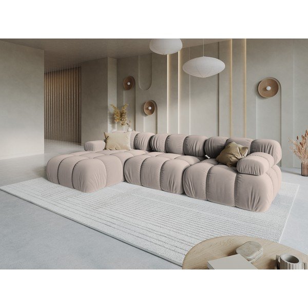 Smėlio spalvos modulinė kampinė sofa iš velveto (su kairiuoju kampu/su gultu) – Micadoni -image-1