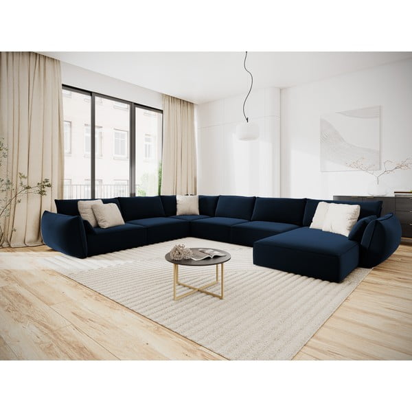 Tamsiai mėlynos spalvos iš velveto kampinė sofa (su kairiuoju kampu/„U“ formos) Vanda – Mazzini Sofas-image-1