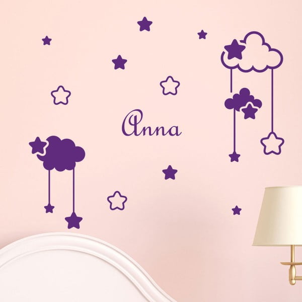 Violetinių sienų lipdukų su abėcėle rinkinys Ambiance Clouds and Stars