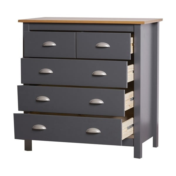 Antracito pilkos spalvos pušies masyvo komoda su 5 stalčiais "Marckeric Jade-image-1