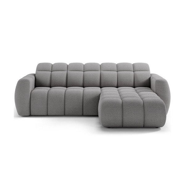 Pilkos spalvos kampinė sofa iš boucle (su dešiniuoju kampu/su gultu) Fanito – ELTAP