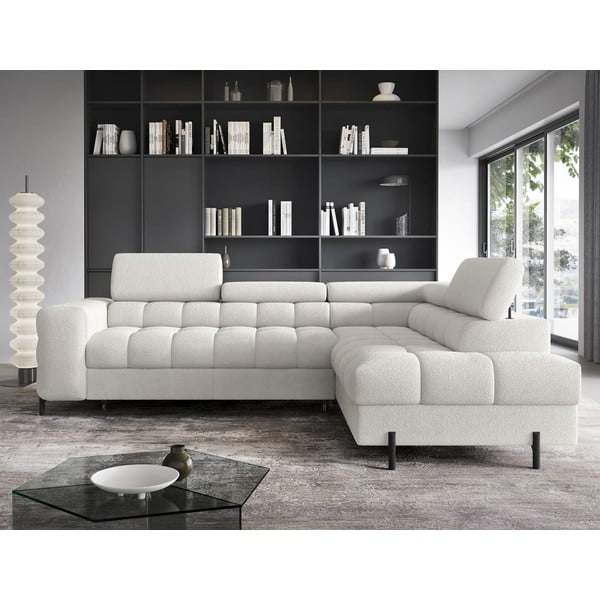 Kreminės spalvos iš boucle sulankstoma/su sandėliavimo vieta kampinė sofa (su dešiniuoju kampu/„L“ formos) Ferucce – ELTAP-image-1