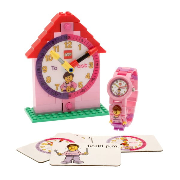 Rožinis laikrodis ir LEGO® Time Teacher mokomasis rinkinys