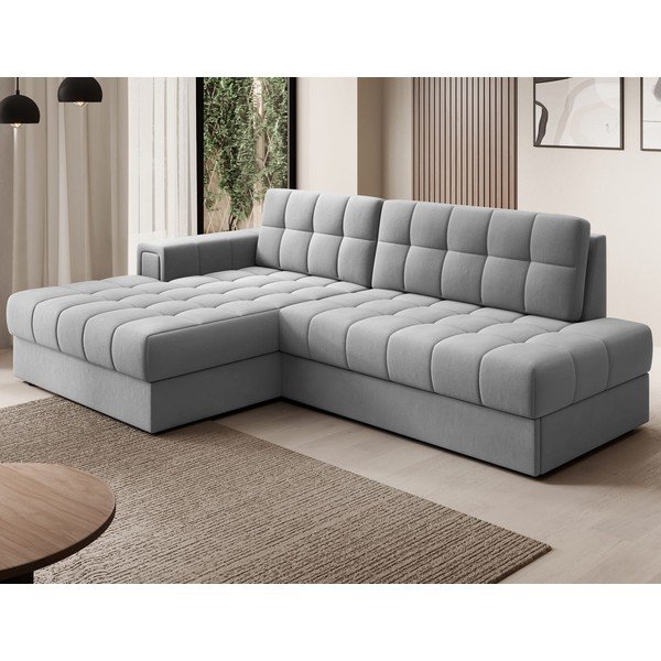 Pilkos spalvos iš velveto sulankstoma kampinė sofa (su kairiuoju kampu/su gultu) Blezalt – ELTAP-image-1