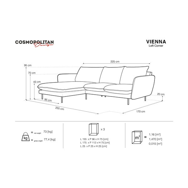 Tamsiai pilkos spalvos kampinė sofa Cosmopolitan Design Vienna, kampas kairėje-image-4