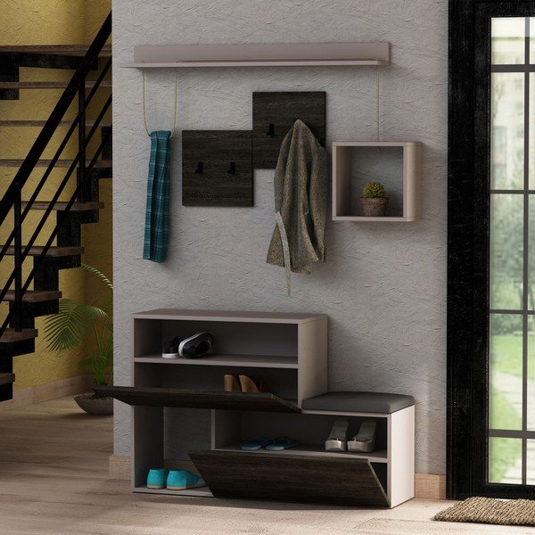 Tamsiai pilkos spalvos batų lentynos / suoliuko ir sieninės lentynos su lentynomis rinkinys Homitis Holdon-image-2