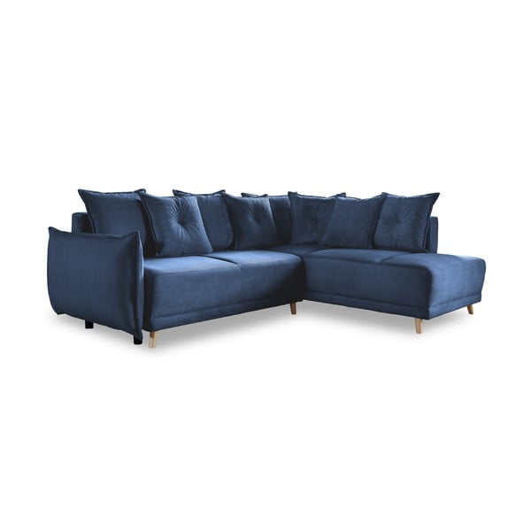 Sulankstoma kampinė sofa iš kordinio velveto tamsiai mėlynos spalvos (su dešiniuoju kampu) Lazy Lukka – Miuform