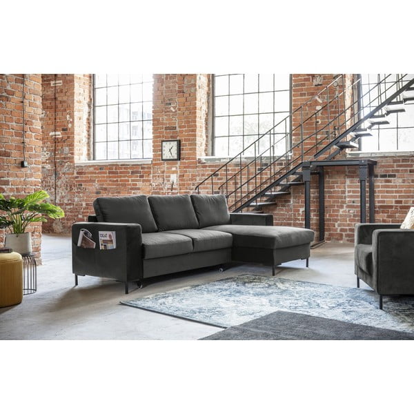 Tamsiai pilka aksominė sofa-lova Miuform Lofty Lilly, dešinysis kampas-image-3