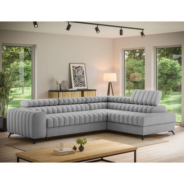 Pilkos spalvos kampinė sofa iš velveto (su dešiniuoju kampu/„L“ formos) Kanedo – ELTAP-image-1