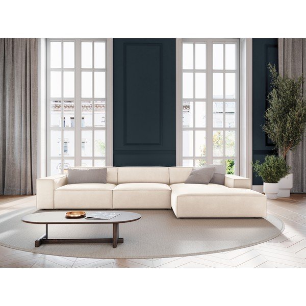 Kreminės spalvos modulinė kampinė sofa iš velveto (su dešiniuoju kampu/su gultu) Jodie – Micadoni -image-1