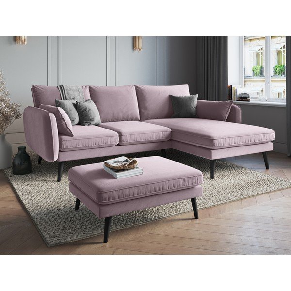 Šviesiai rausva aksominė kampinė sofa su juodomis kojomis Kooko Home Lento, kampas dešinėje-image-1