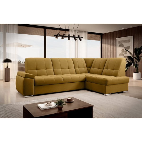 Geltonos spalvos iš velveto sulankstoma/su sandėliavimo vieta kampinė sofa (su dešiniuoju kampu/„L“ formos) Sado – ELTAP-image-4