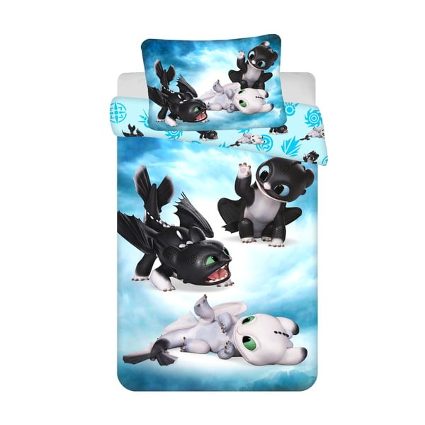 Mėlynos spalvos iš medvilnės vaikiška patalynė vaikiškai lovai 100x135 cm How to Train Your Dragon "Babies" – Jerry Fabrics
