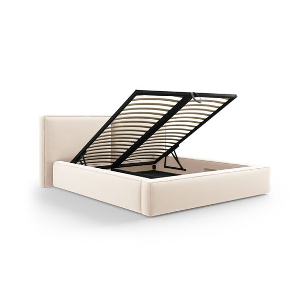 Iš aksomo dvigulė lova kreminės spalvos audiniu dengta su sandėliavimo vieta su lovos grotelėmis 200x200 cm Arendal – Cosmopolitan Design-image-2