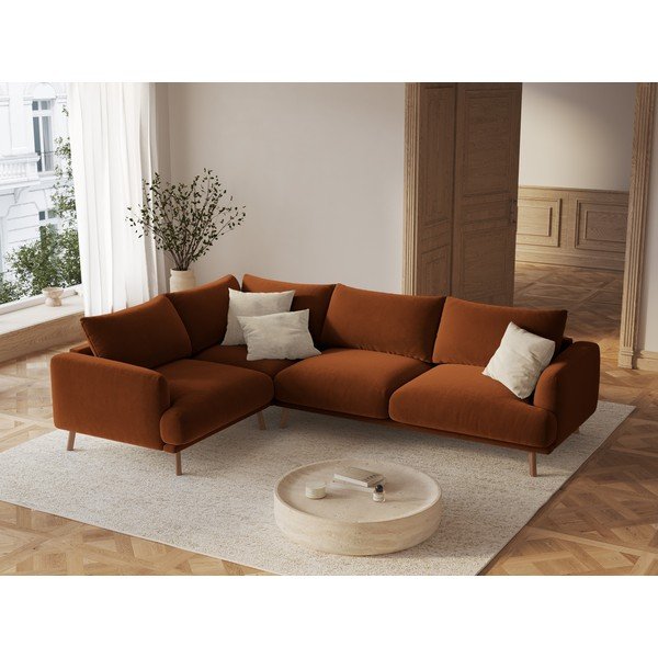 Terakotos spalvos kampinė sofa iš velveto (su kairiuoju kampu/„L“ formos) Naomi – Micadoni -image-1