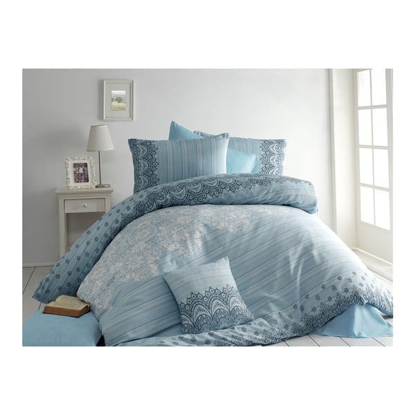 Šviesiai mėlynos spalvos patalynės ir paklodės komplektas dvivietei lovai "Camille", 200 x 220 cm