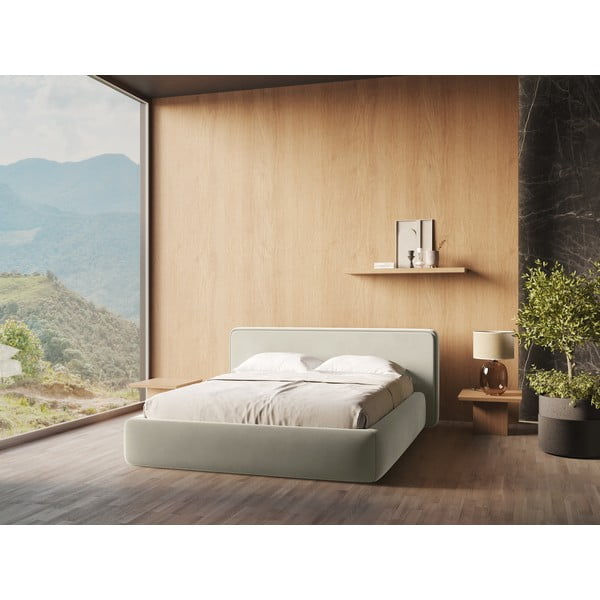 Kreminės spalvos dvigulė lova audiniu dengta su sandėliavimo vieta su lovos grotelėmis 160x200 cm Kiana – Makamii-image-1