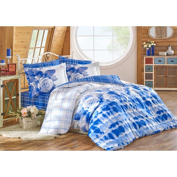 Mėlyna dvigulės lovos Nadia patalynė su paklode, 200 x 220 cm